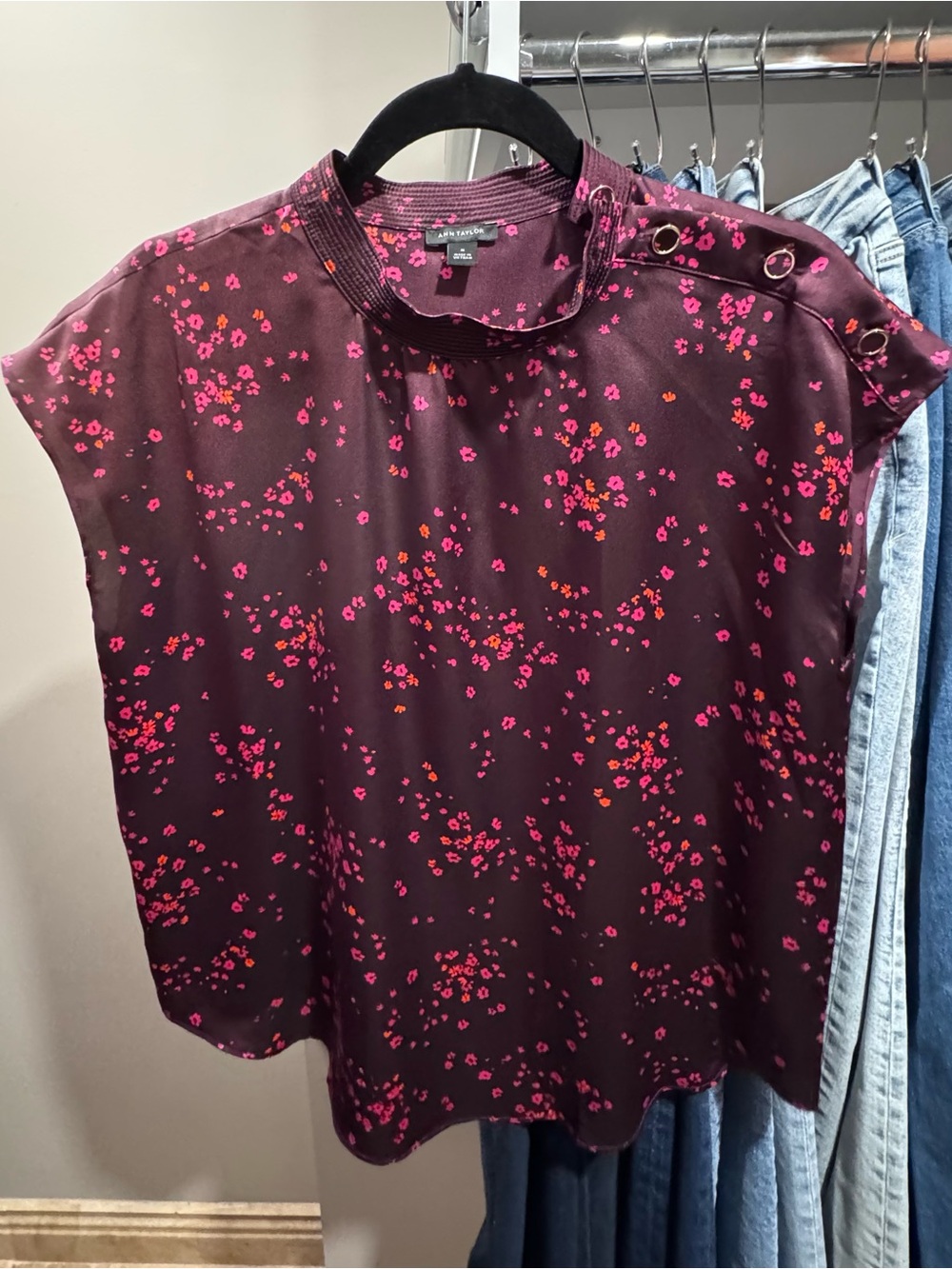 Ann Taylor Burgundy Floral Cap-Sleeve Blouse